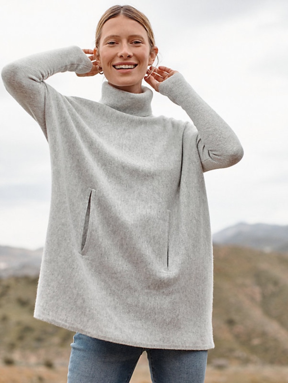 GARNET HILL Oversized Turtleneck Sweater - CASHMERE - GRAY - SIZE SMALL